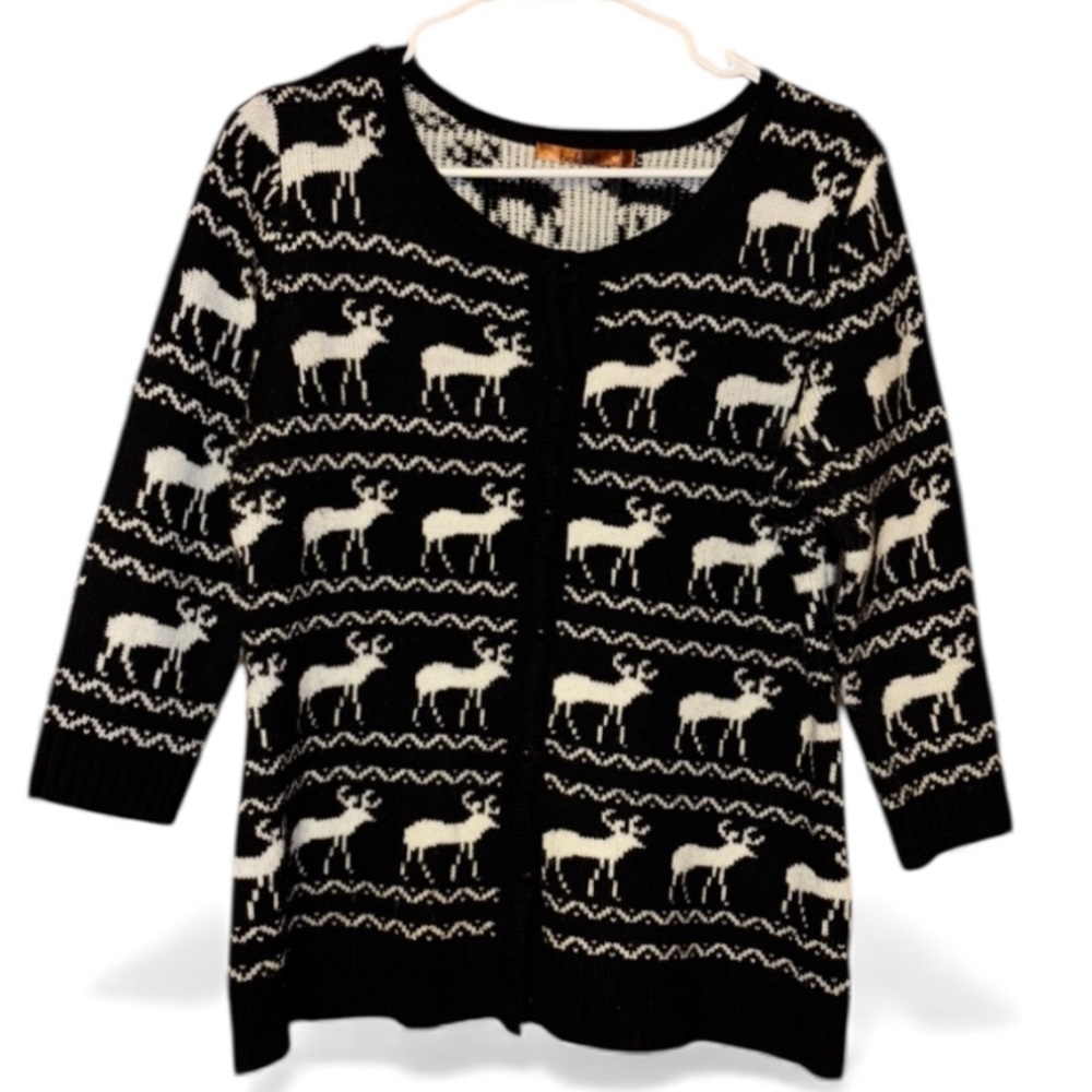 Belldini Black & White Knit Reindeer Ugly Christmas Sweater Large